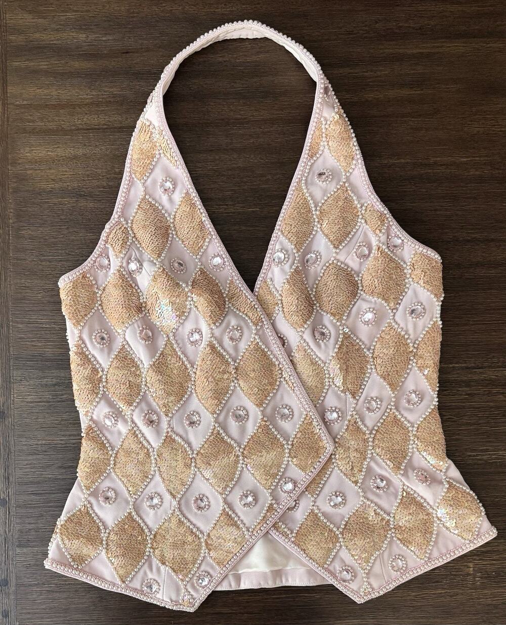 Vintage 1980s D’Ore Art Deco Sequin Pearl Beaded Halter Vest Top Size 8